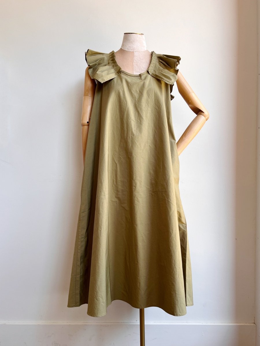 Olive Green Sleeveless Keyhole Back Ruffle Dress w/ Belt - Made X Hudson