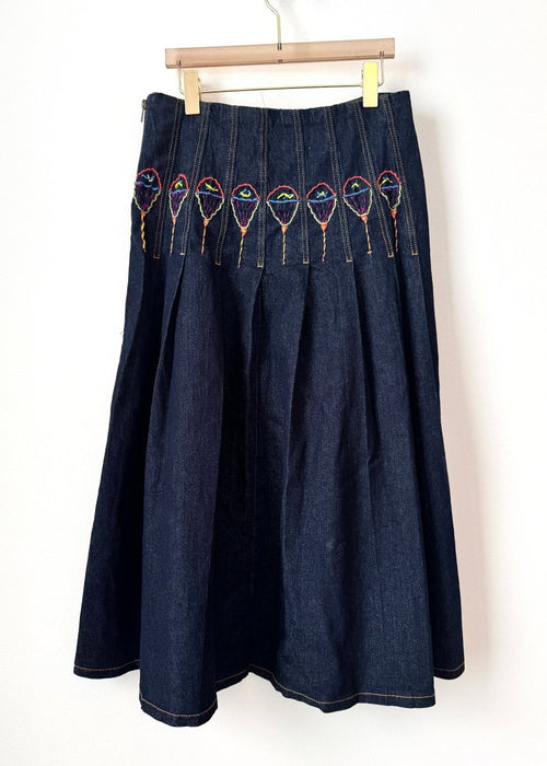 "Lollie" Denim Pleated Skirt with Embroidery (Reworked) - Made X Hudson