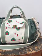 Mini Cross - Body Duffel Bag in Emerald Corduroy and Retro Strawberry Pattern w/ Sage Webbing - Made X Hudson