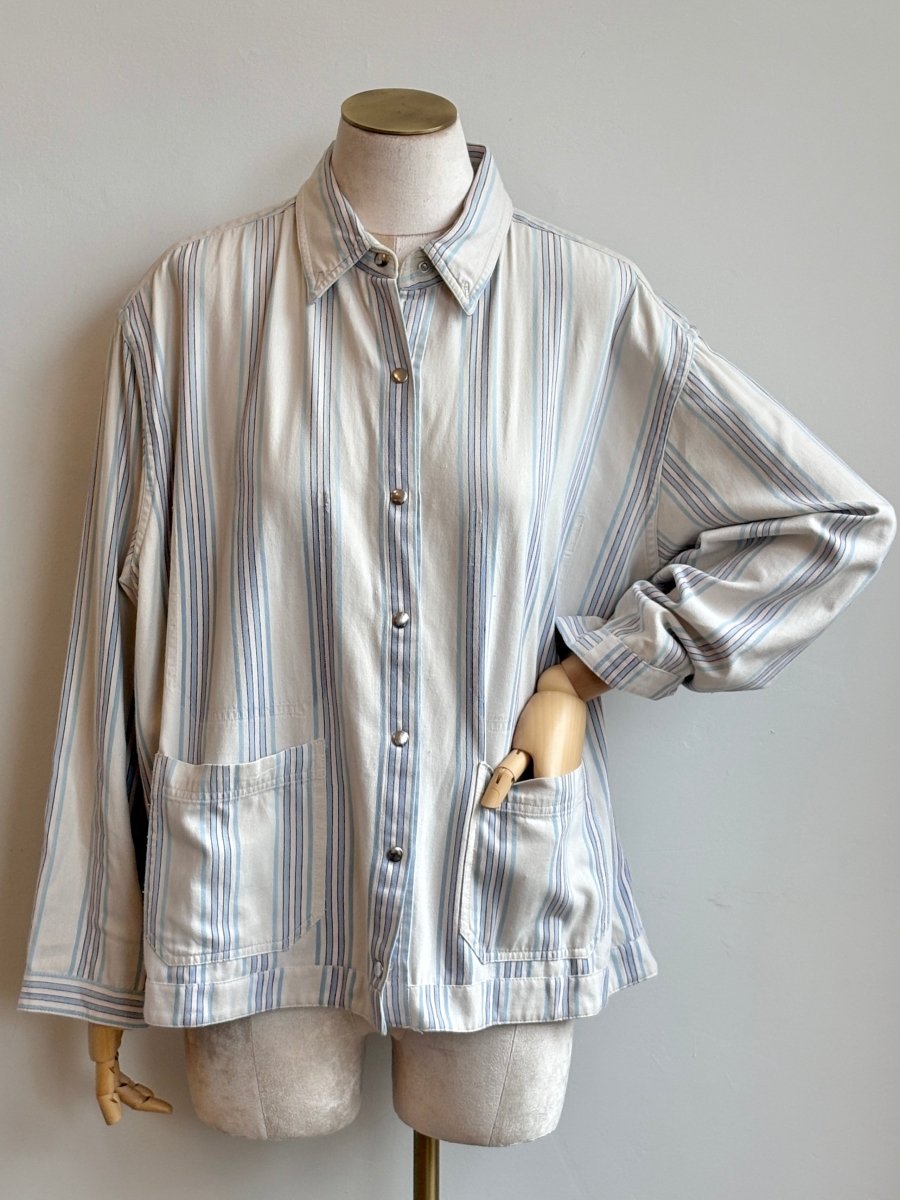 White w/ Light Blue & Red Stripes Denim Shirtjacket (Reworked) - Made X Hudson