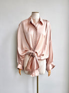 Silk Button Down Long Shirt in Baby Pink - Made X Hudson