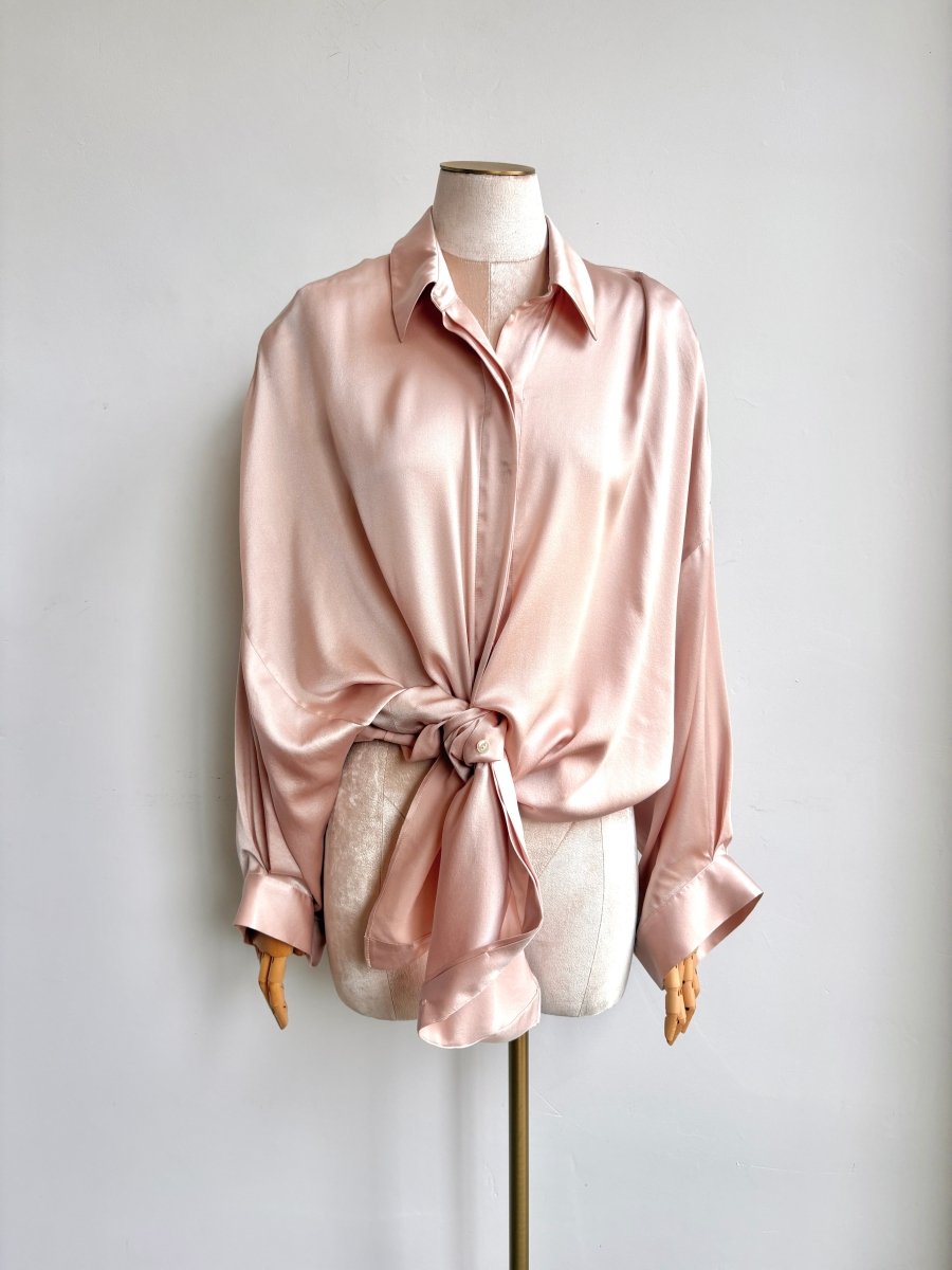 Silk Button Down Long Shirt in Baby Pink - Made X Hudson