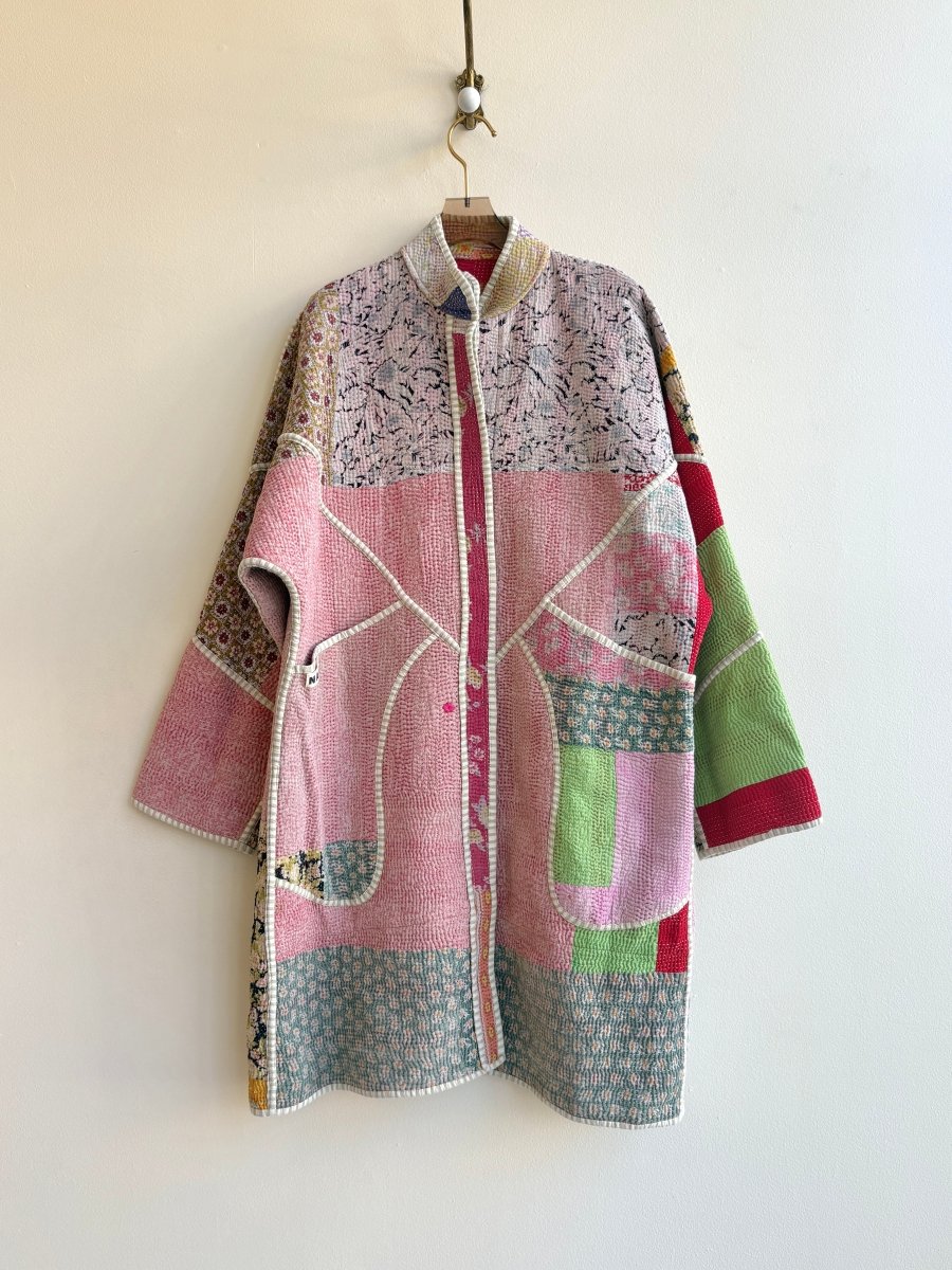 Reversible Sai Long Trench Quilted Jacket in Colors Blush, Ochre, Red, Sage & Red, Tan, Lavender, Yellow - Made X Hudson