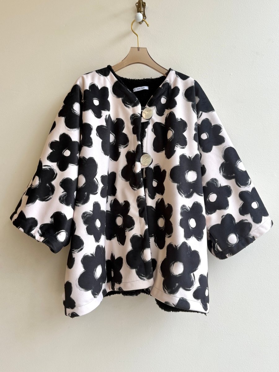 Black Flower Fleece and Sherpa Dolman Jacket - Made X Hudson