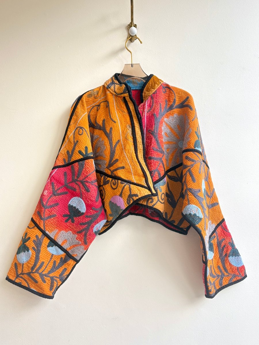 Reversible Suzani Quilted Cropped Jacket in Colors Orange, Red, Grey & Cherry Red, Aqua Blue - Made X Hudson