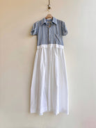 Empire Shirtwaist Dress in Pale Blue & Ivory Stripe & White w/ Short Sleeves (Reworked) - Made X Hudson