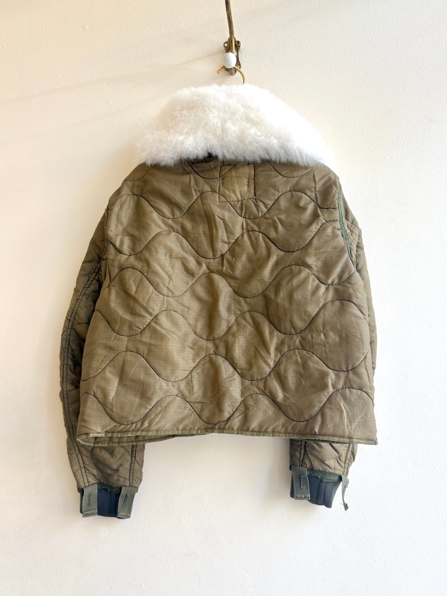 Olive Army Liner Quilted Coat w/ White Alpaca Fur Collar, White Buttons, & White Racing Stripe Sleeves (Reworked) - Made X Hudson