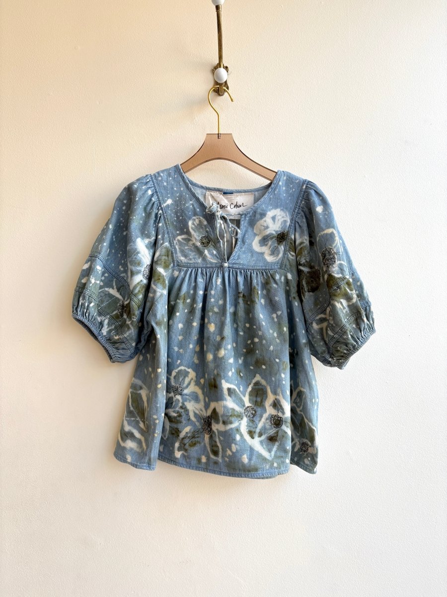 Blue & Green Denim Eco Printed Peasant Top (Reworked) - Made X Hudson