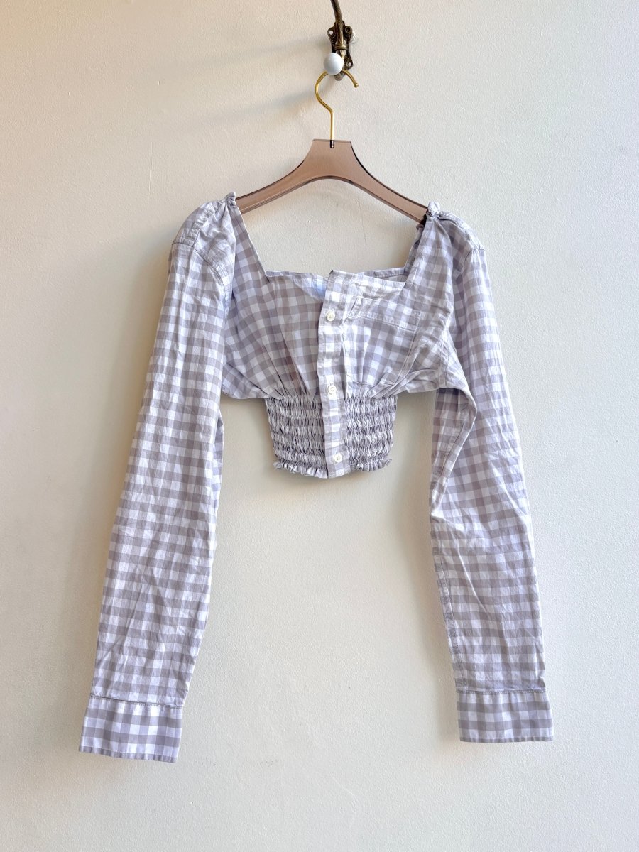 The Edward Top | Light Grey Gingham Off The Shoulder Top w/ Smocked Waist (Reworked) - Made X Hudson