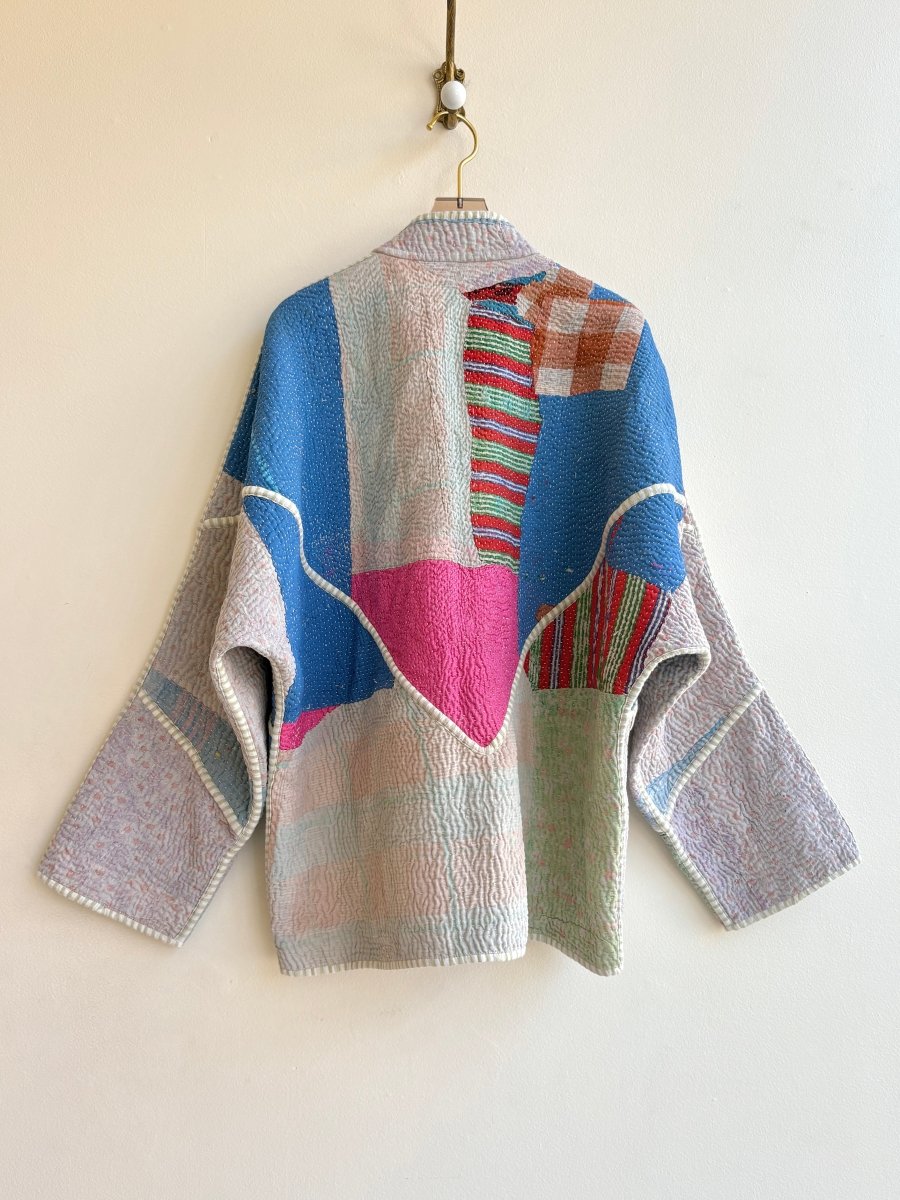 Reversible Ladhiya Quilted Jacket in Colors Sky Blue, Cream, Pink, Green & Multi Colored Patchwork - Made X Hudson