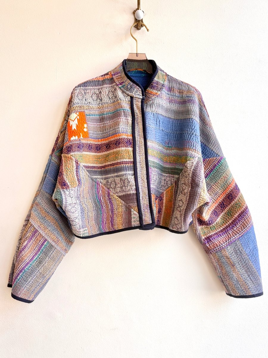 Reversible Kaira Quilted Cropped Jacket in Colors Blue, Neon Pink & Multi - Colored Stripe Mustard, Purple, Orange - Made X Hudson