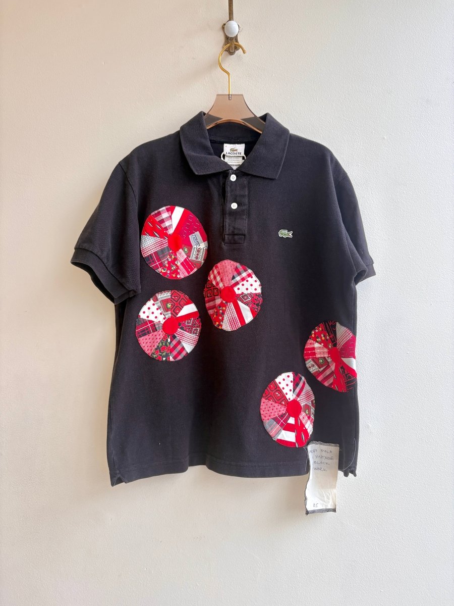 Red Dresden Plate Patchwork Black Polo (Reworked) - Made X Hudson