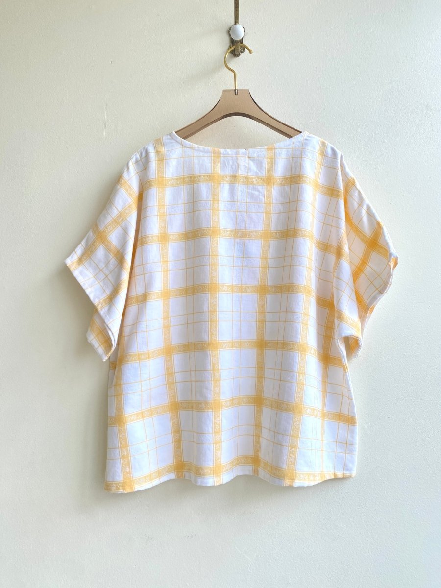 Yellow Plaid Spring Picnic Top w/ Floral Patch Pockets - Made X Hudson