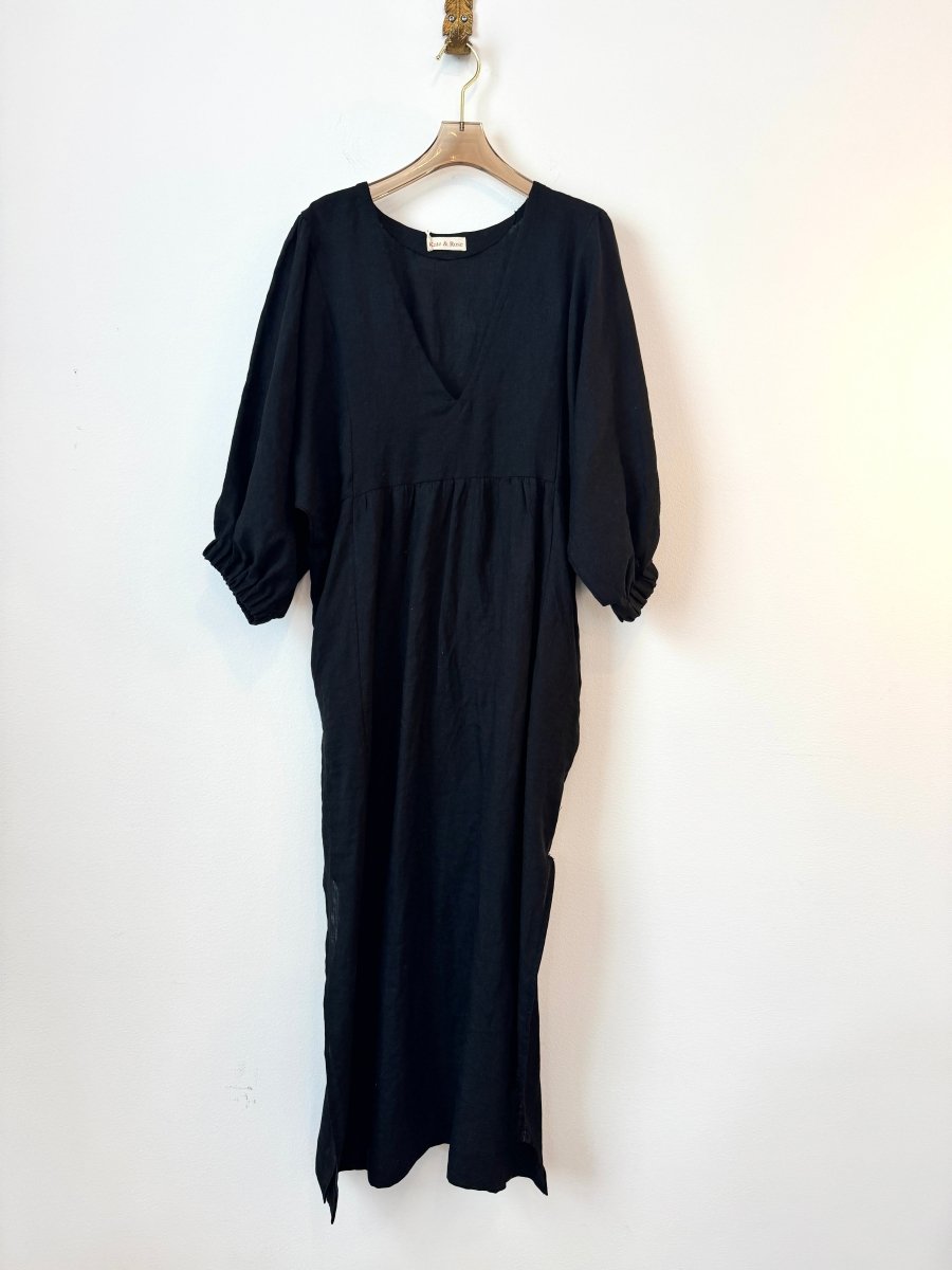 Midnight Black Linen Gather Sleeve Dress - Made X Hudson