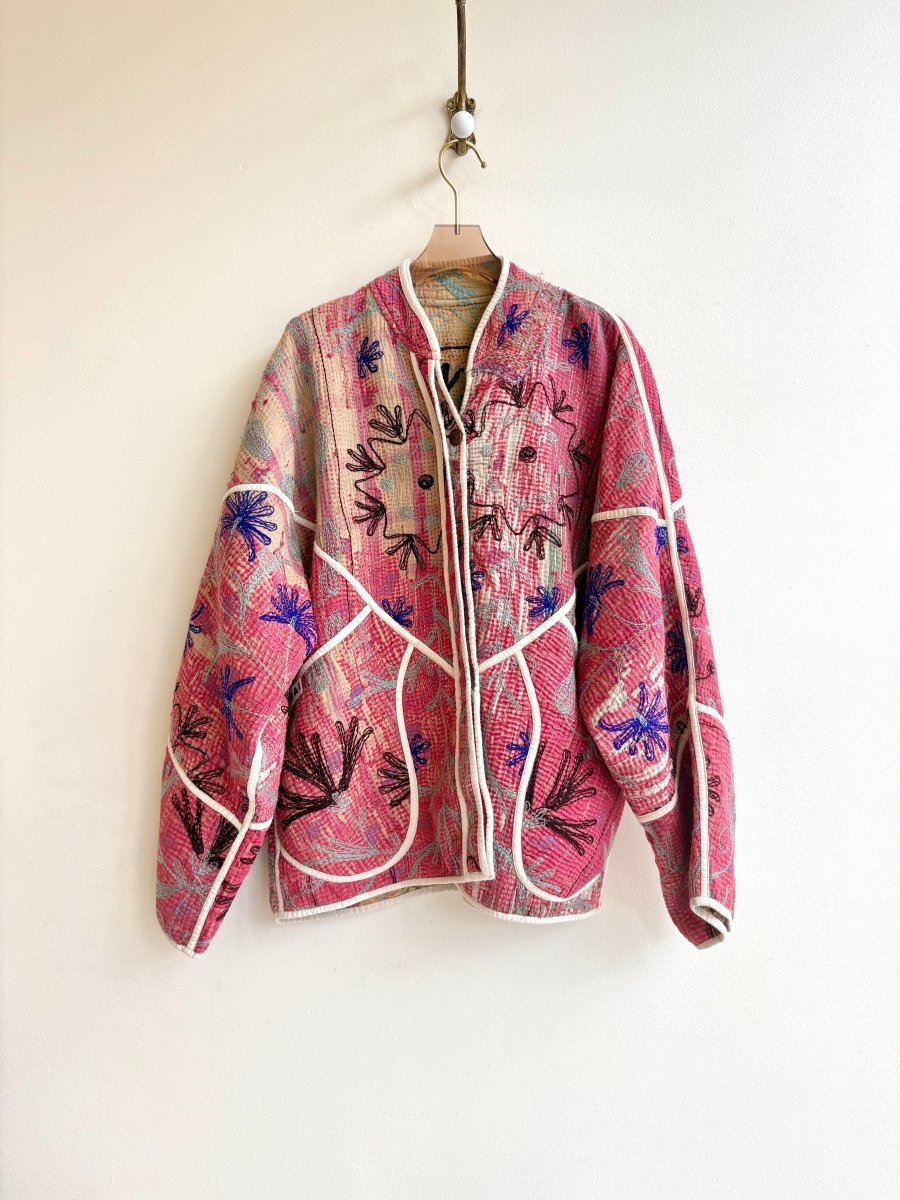 Reversible Ladhiya Suzani Quilted Jacket in Colors Pink, Beige, Red, Purple & Butter Yellow, Seafoam, Brown - Made X Hudson