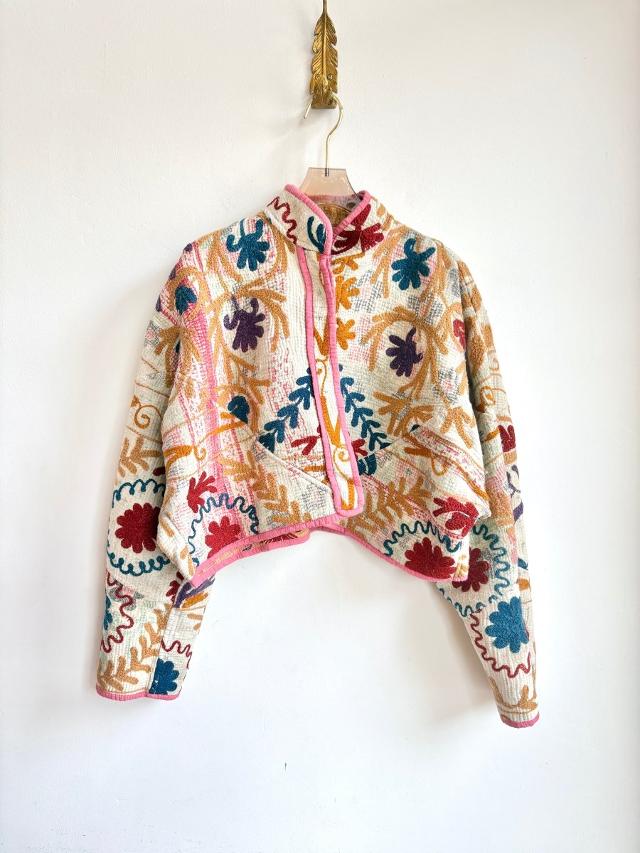 Reversible Suzani Quilted Cropped Jacket in Colors Cream, Cobalt, Rust, Mustard & Caramel, Cobalt, Rust, Purple - Made X Hudson