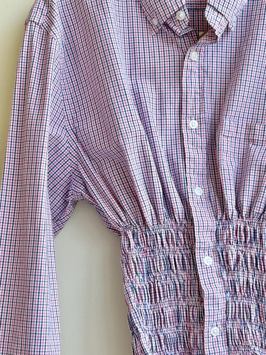 The George Top | Navy, Pink, White Plaid Button Down Top w/ Smocked Waist (Reworked) - Made X Hudson