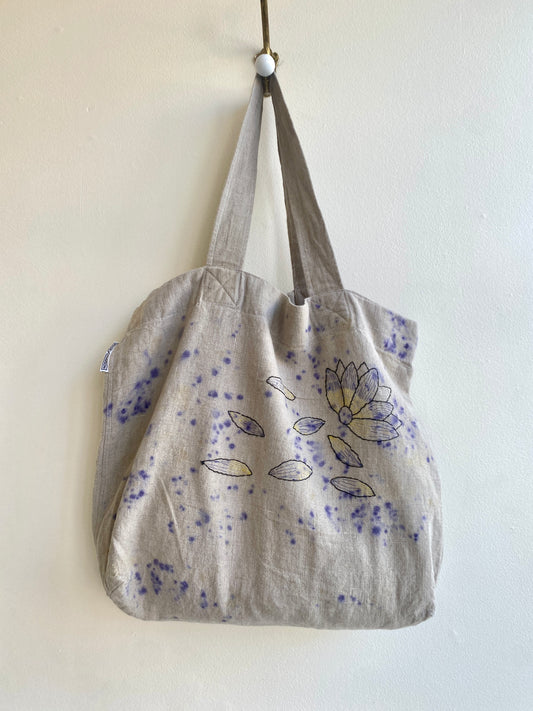 Organic Linen Hand Embroidered Flower Petal & Natural Dyed Tote