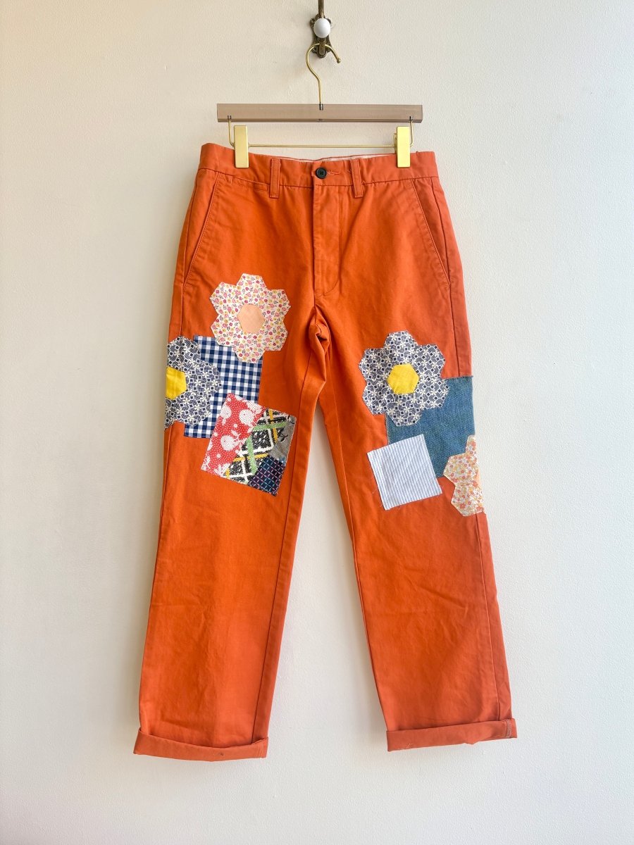 Mixed Quilt Block Applique in Orange Chino Pants | Florals, Blue, and Checker (Reworked) - Made X Hudson