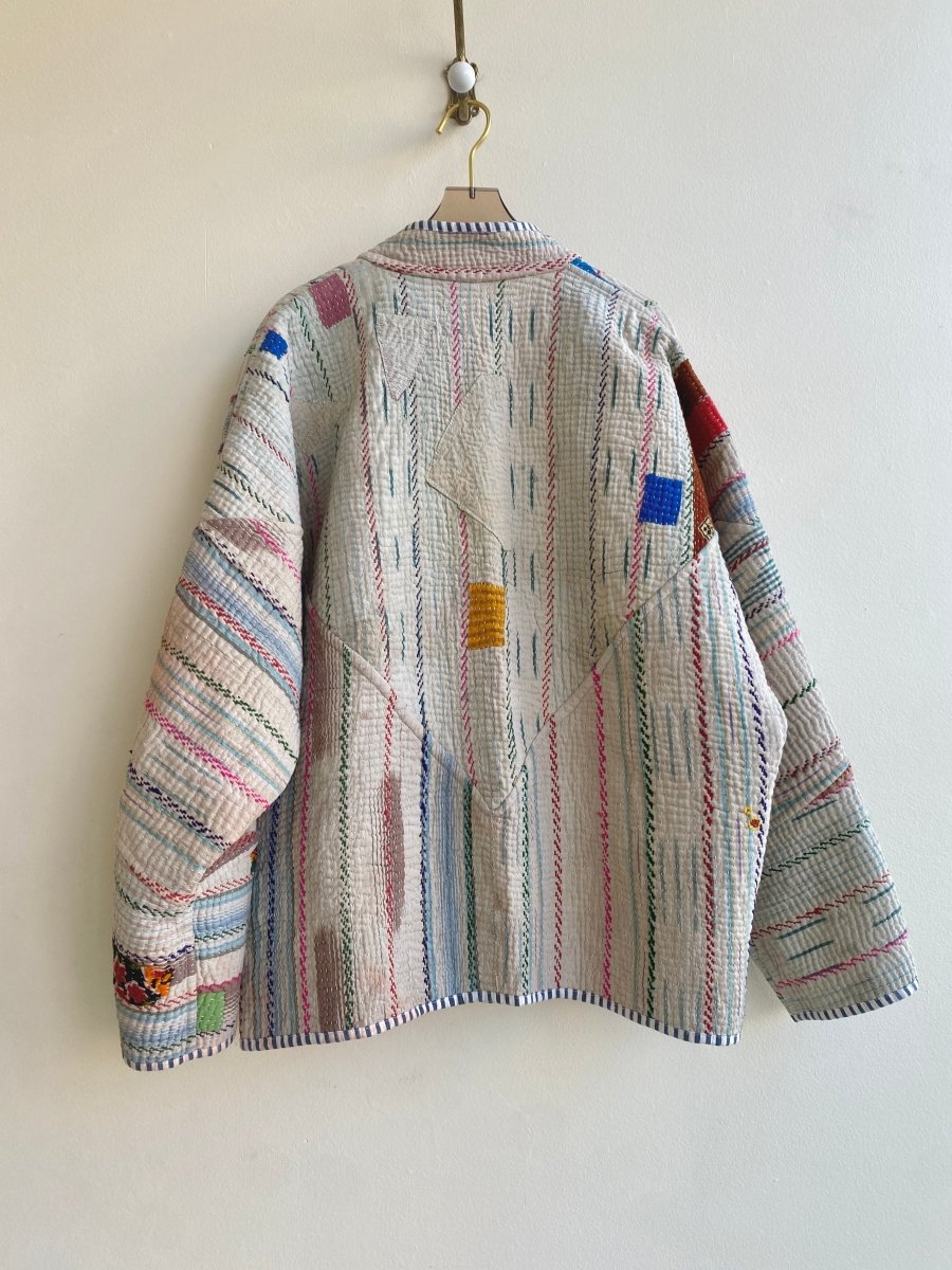 Reversible Ladhiya Quilted Jacket in Colors Cream & Blue w/ Patchwork and Stripes - Made X Hudson
