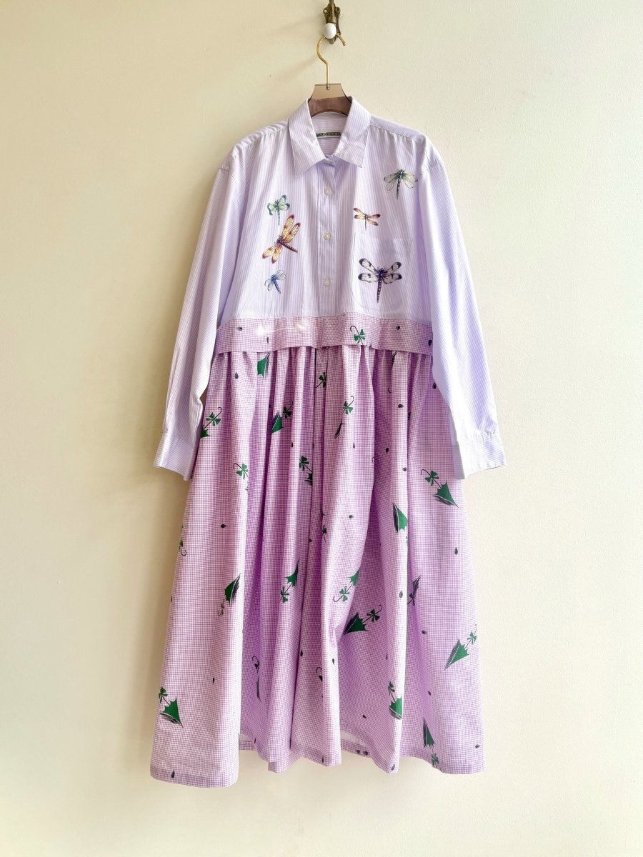 Empire Shirtwaist Dress in Lavender Dragonfly Print & Retro Umbrella Gingham (Reworked) - Made X Hudson