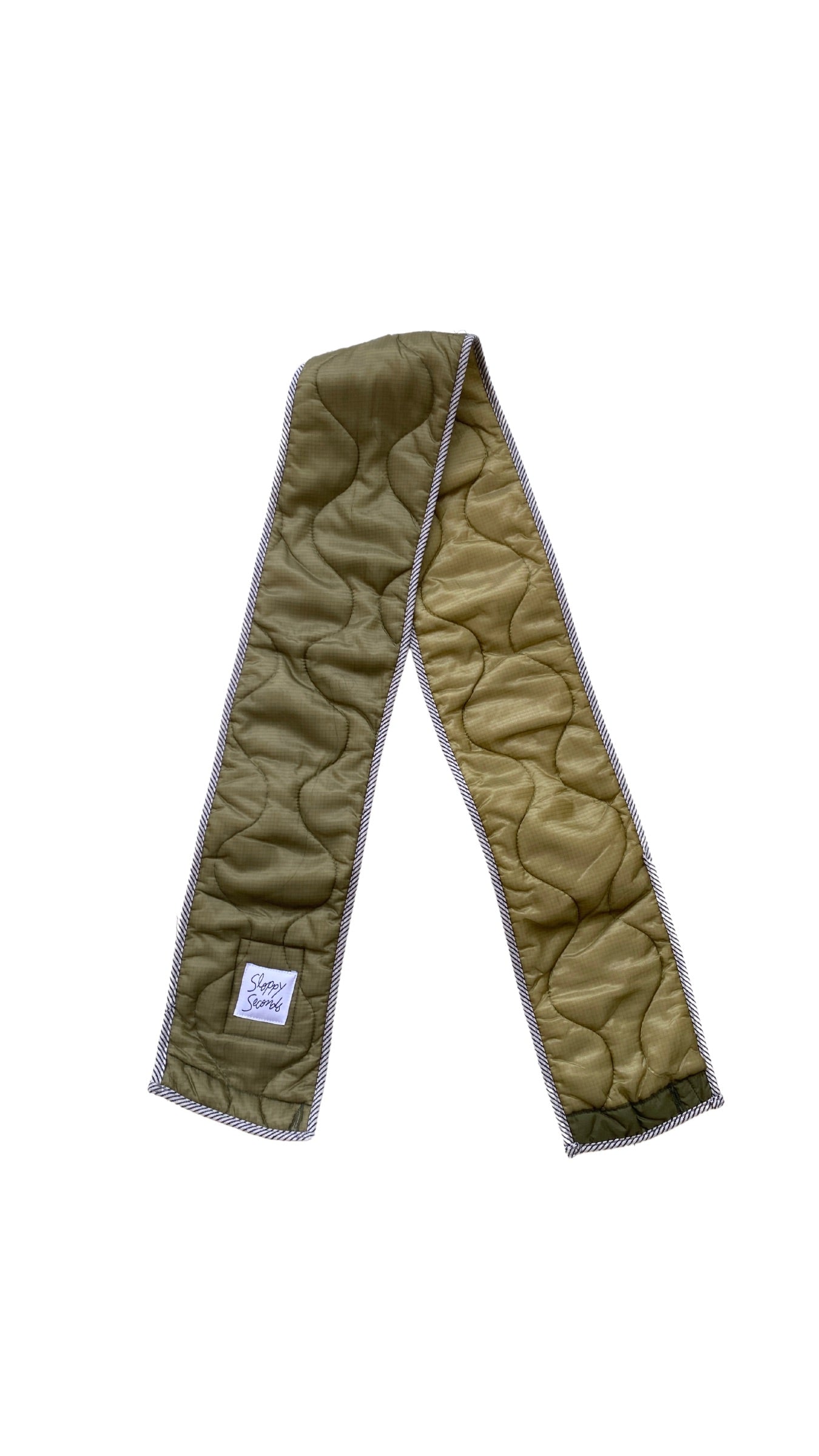 Light Olive Green Army Liner Quilted Scarf w/ Black & White Bias Accent (Reworked)