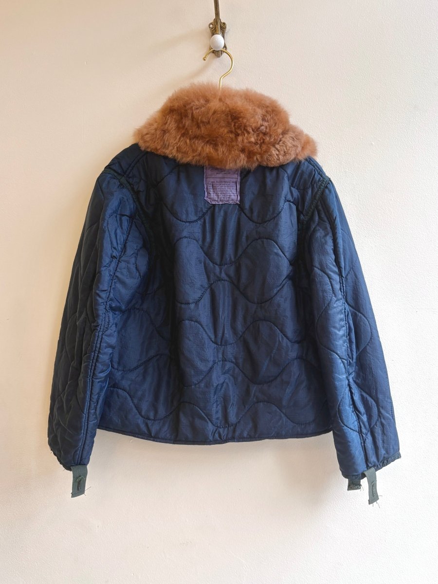 Navy Army Liner Quilted Coat w/ Rust Alpaca Fur Collar, Brown Buttons & Pockets (Reworked) - Made X Hudson