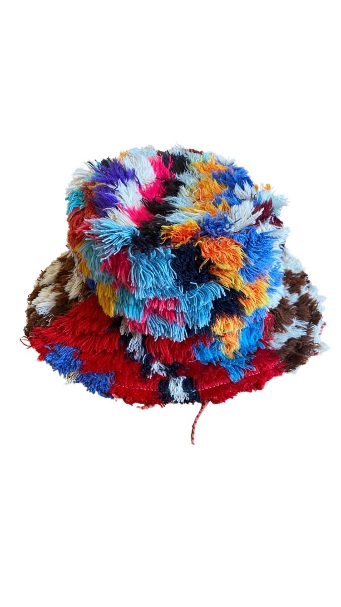 Brown Checkered Print Bucket Hat in Colors Red, Blue, & Yellow - Made X Hudson