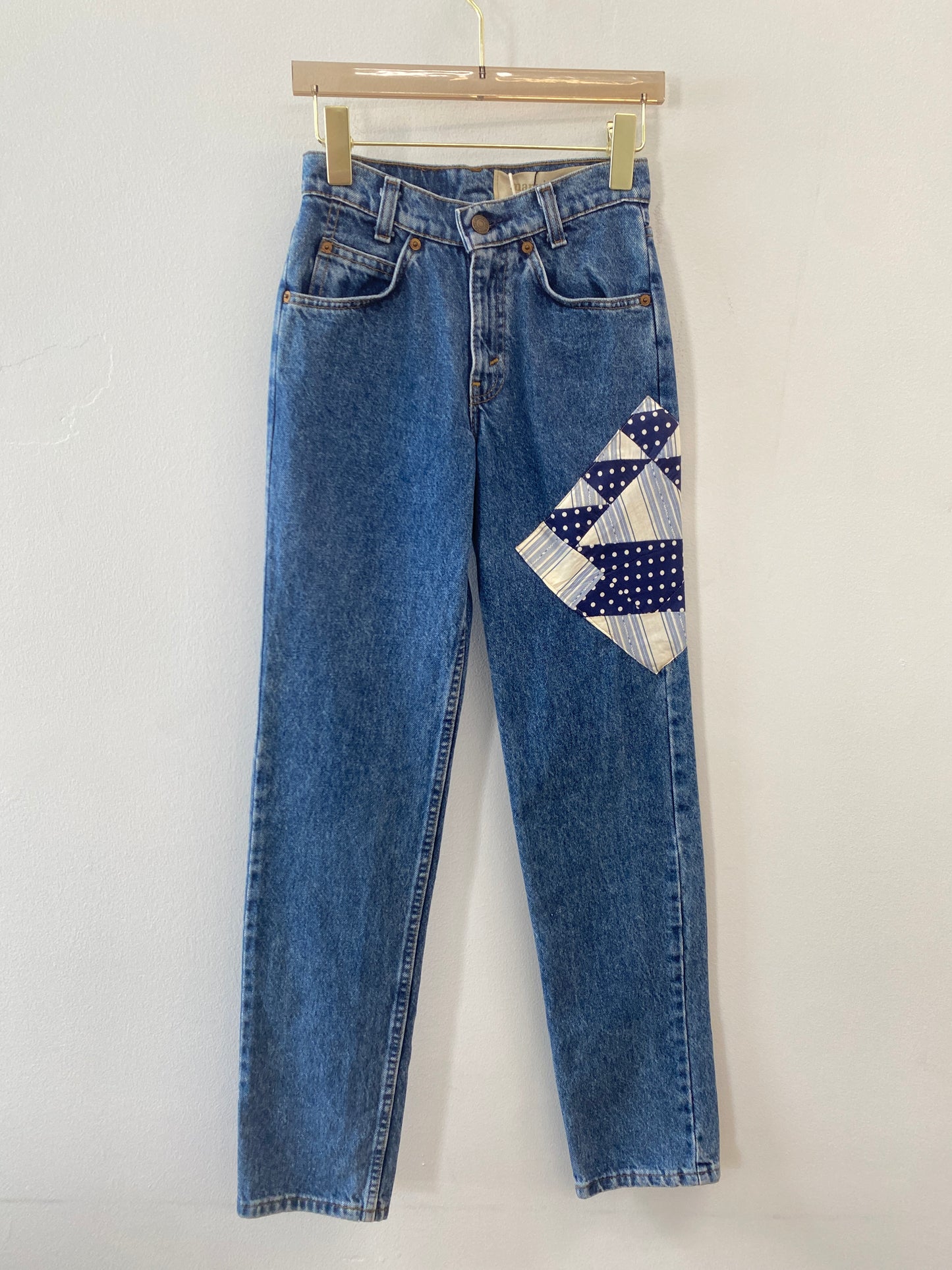 Vintage Orange Tab Levi’s w/ Blue & White Polka Dot & Striped Quilted Patch (Reworked)