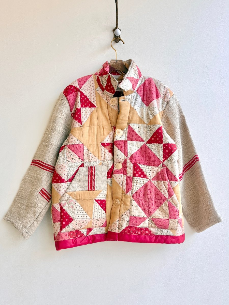 Antique Pink and Tan Floral Quilted Jacket w/ Grain Sack Sleeves - Made X Hudson