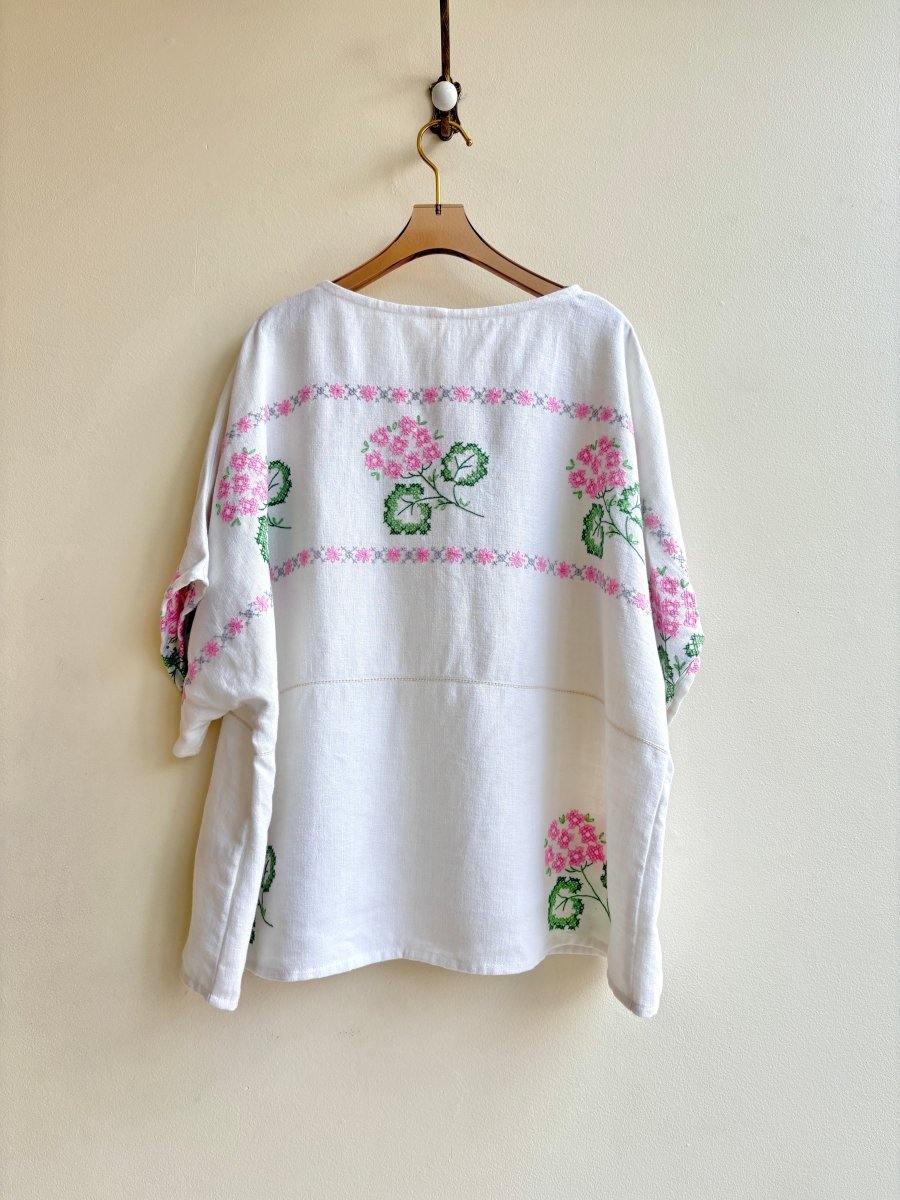 Pink & Green Embroidered Geranium Picnic Top - Made X Hudson