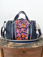 Mini Cross - Body Duffel Bag in Denim and Pink Retro Flowers w/ Navy Webbing - Made X Hudson