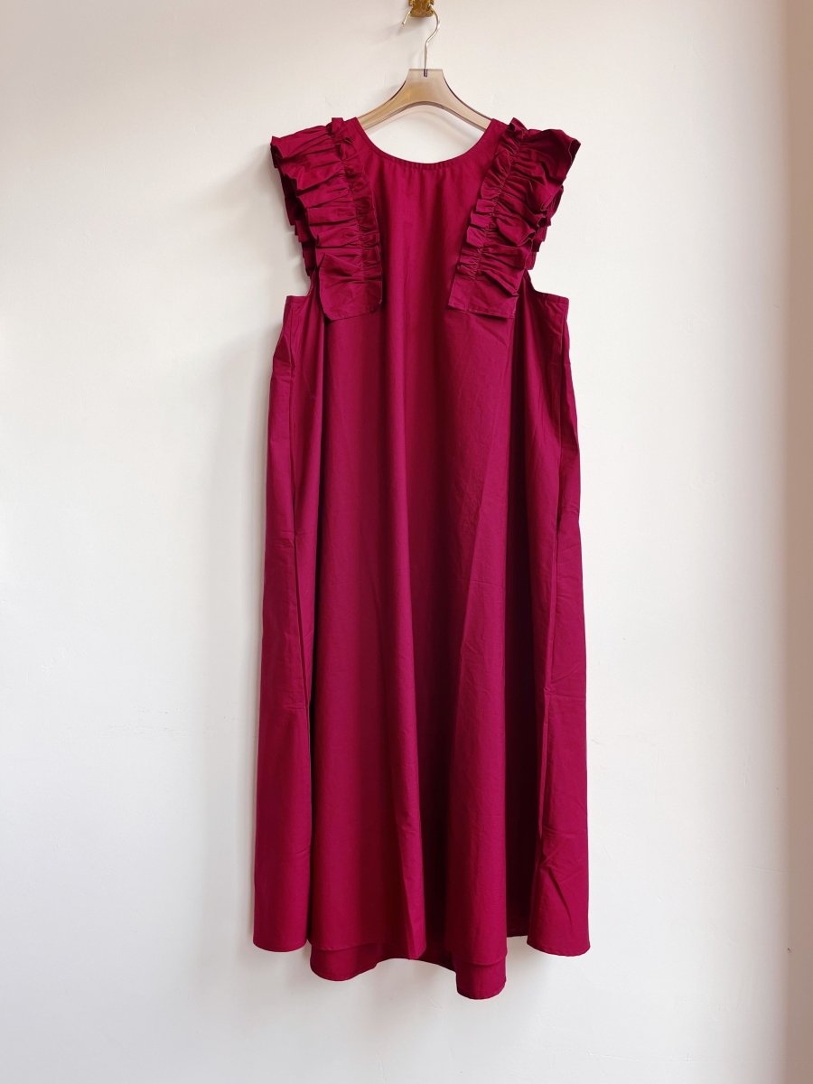 Cherry Bordeaux Sleeveless Cotton Aria Ruffle Dress w/ Belt - Made X Hudson