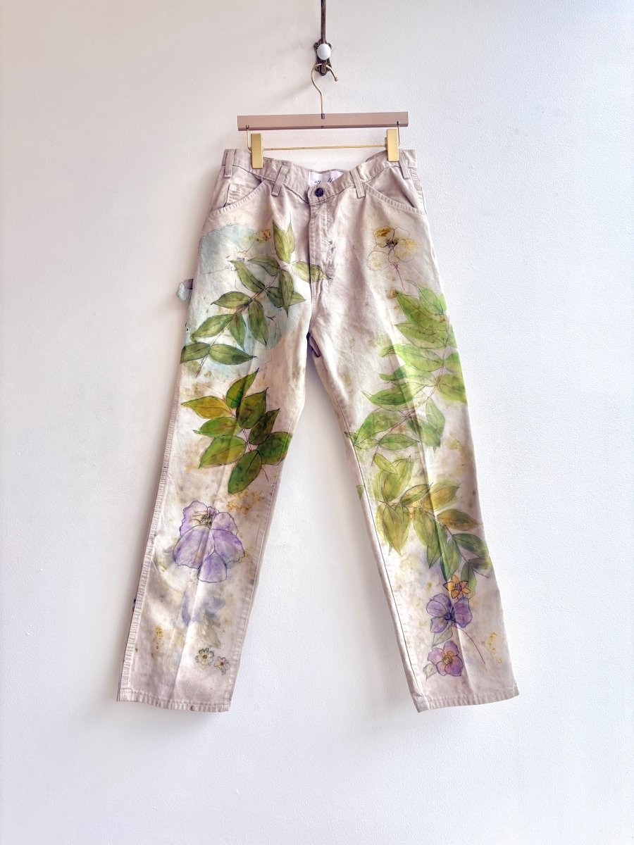 Purple Floral & Green Eco Printed, Painted & Hand Drawn Pants (Reworked) - Made X Hudson