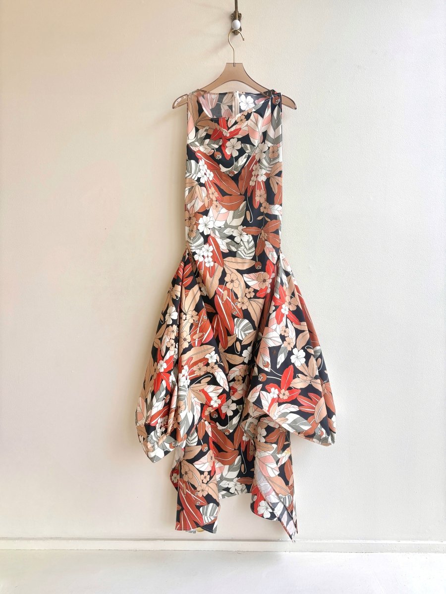Zero - Waste Dress in Orange, Brown, Black & Cream Floral Print - Made X Hudson