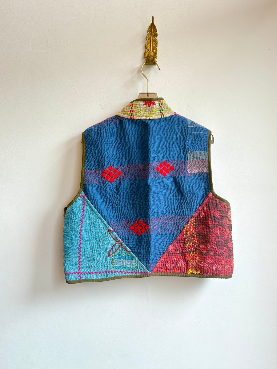 Reversible Kaira Quilted Cropped Vest in Colors Teal, Pink, Blue & Multi Patchwork - Made X Hudson