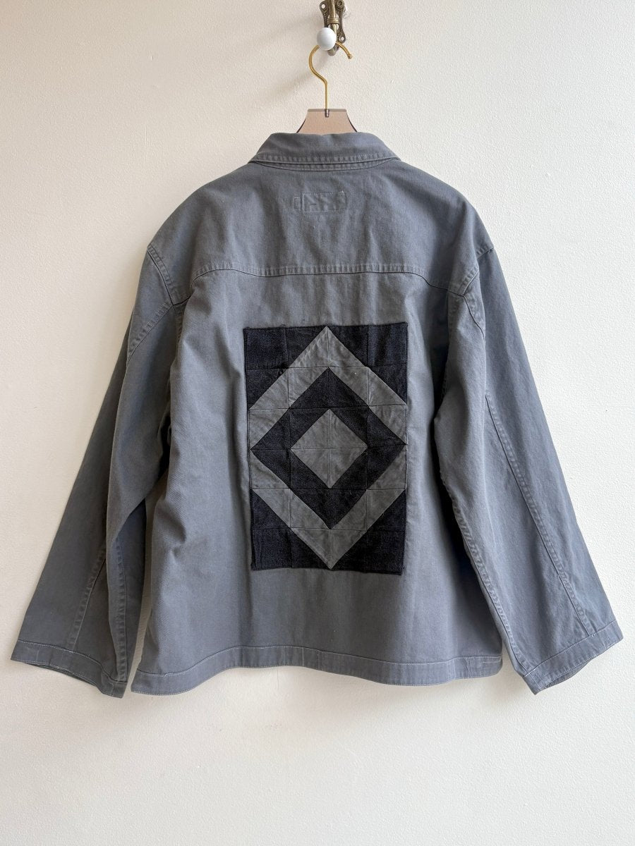 Grey Denim Shirtjacket w/ Patch Pockets and Black Diamond Patch (Reworked) - Made X Hudson