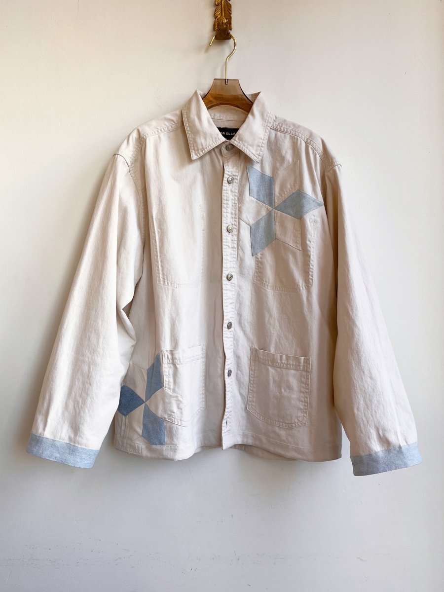 Button Front White Denim Shirtjacket w/ White & Blue Lemoyne Stars (Reworked) - Made X Hudson