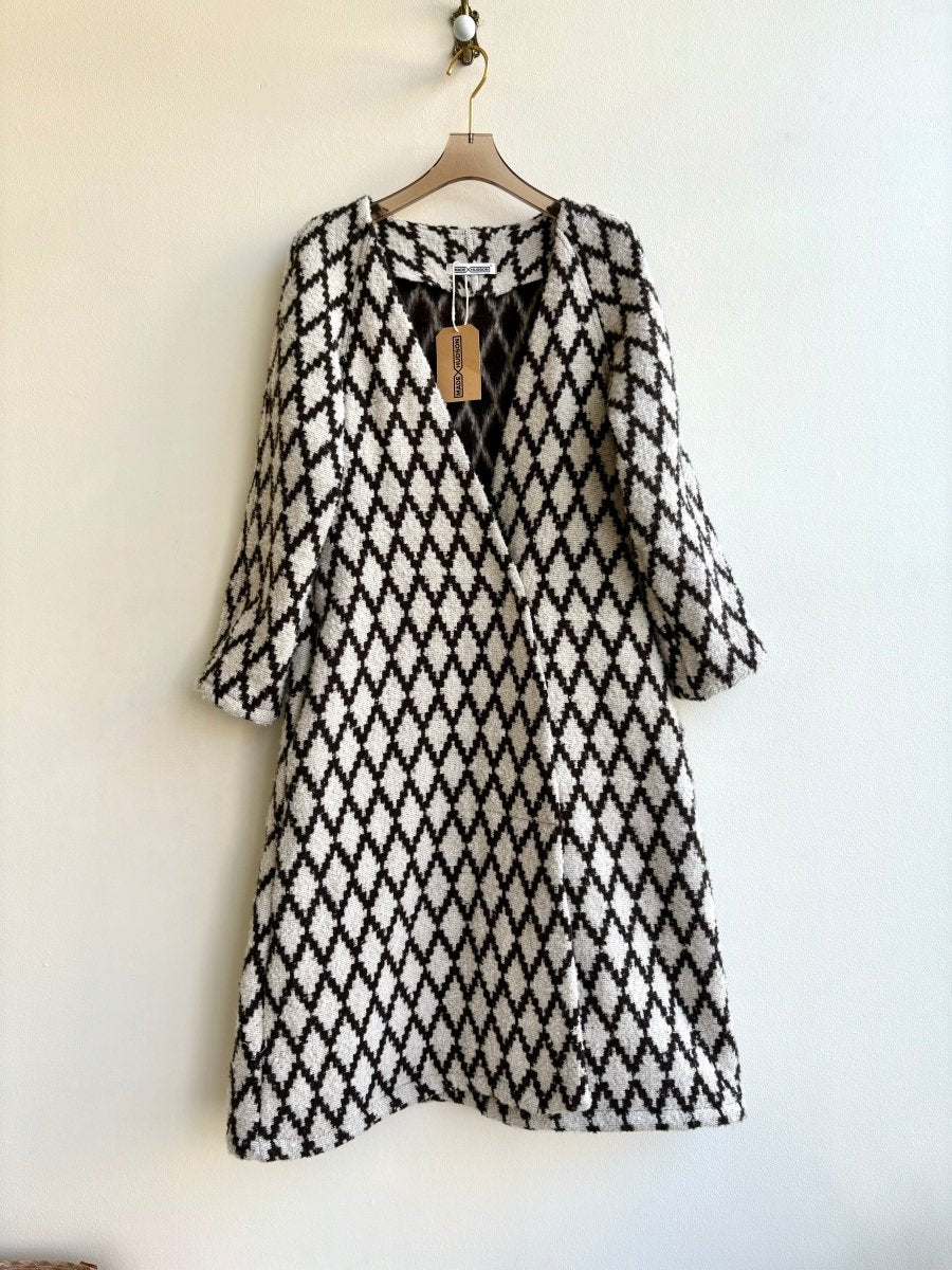 Brown/Ivory Diamond Pattern Wool Blend Duster w/ Snap Closure - Made X Hudson