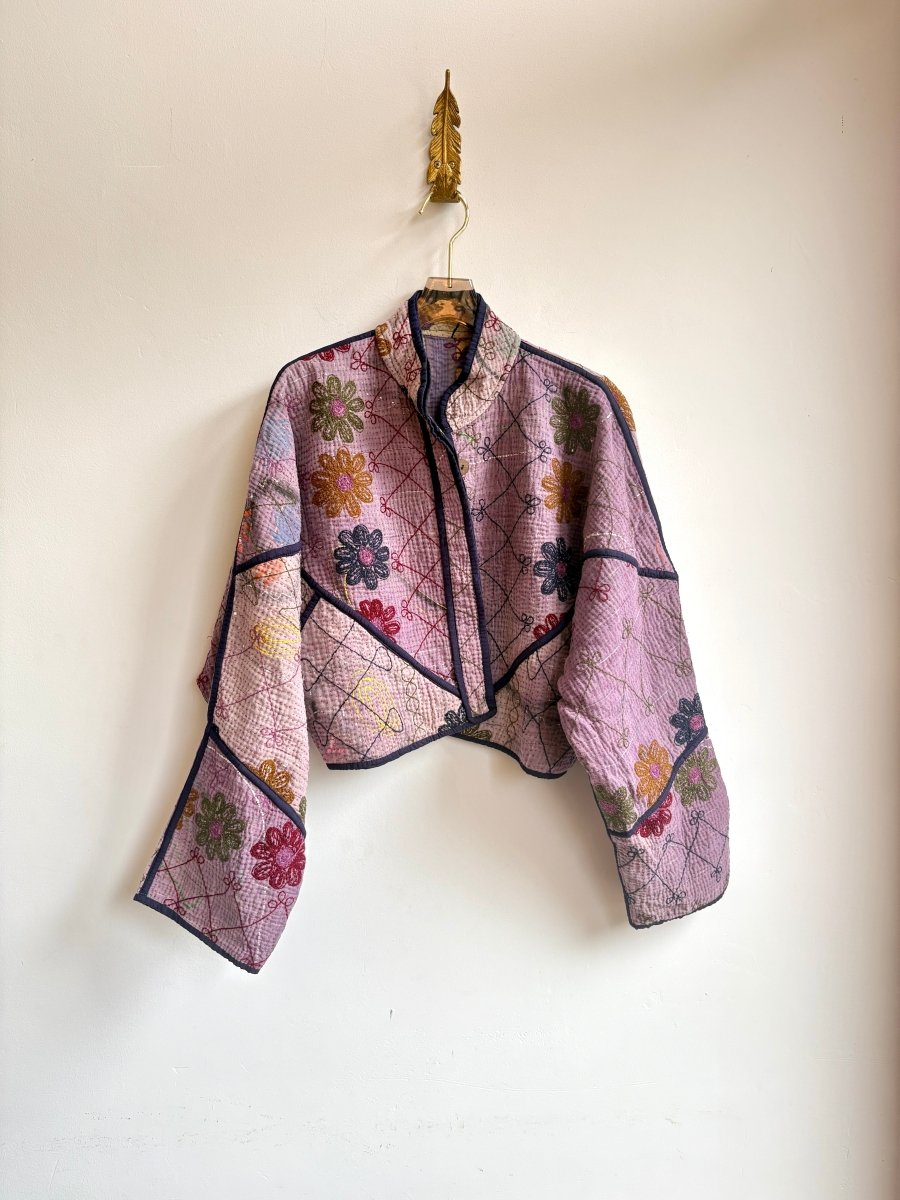 Reversible Kaira Suzani Quilted Cropped Jacket in Colors Yellow, Lavender, Burgundy, Moss & Lavender, Navy, Burgundy, Moss - Made X Hudson