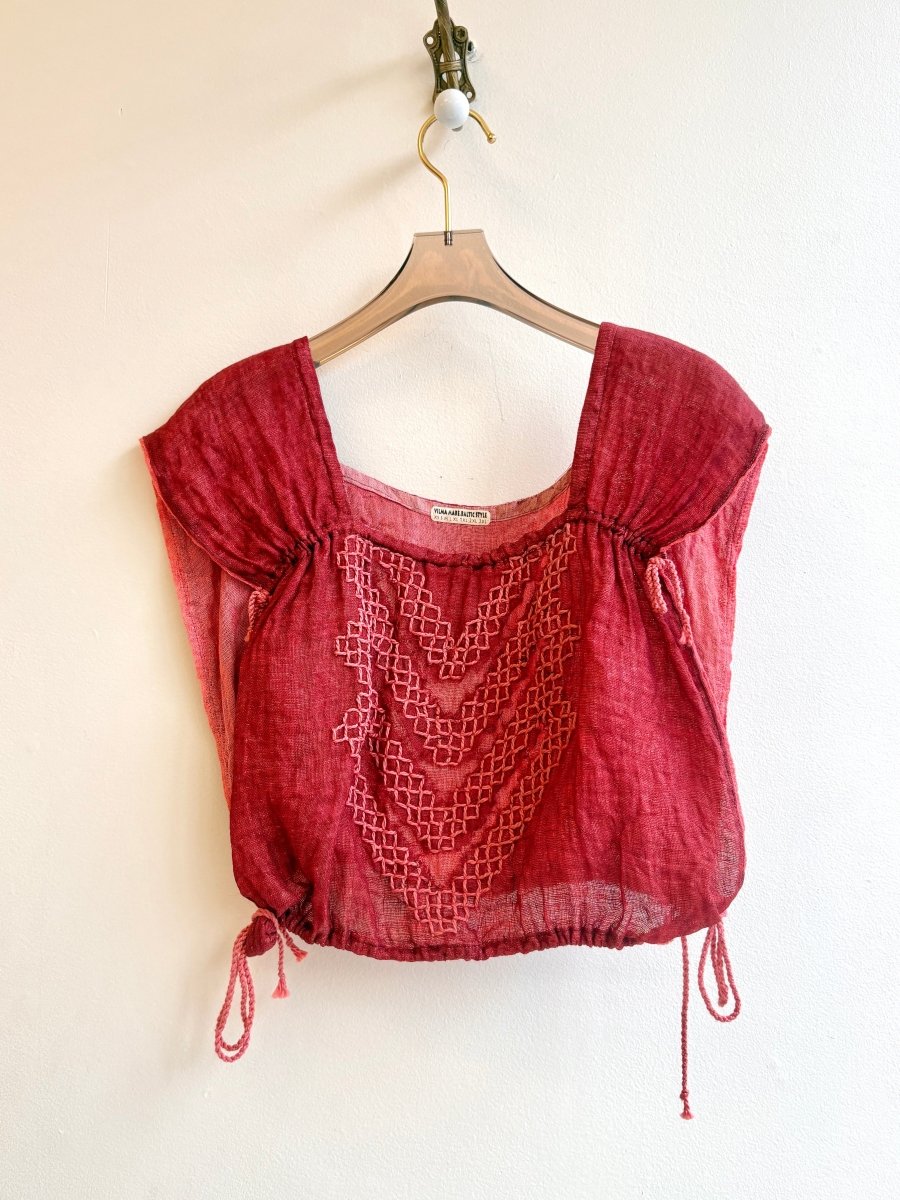 2D Hand Embroidered Chevron Cap Sleeve Adjustable Top | Crimson and Salmon Linen - Made X Hudson