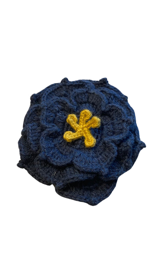 Hand Knit Large Flower Pin (Navy & Mustard Center)