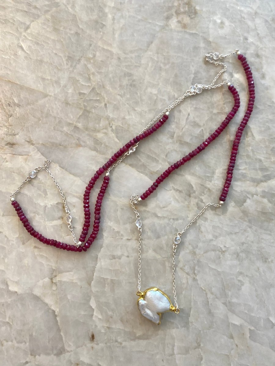 Long Natural Precious Gemstone Silver Necklaces in Multiple Colors w/ Fresh Water Pearls - Made X Hudson