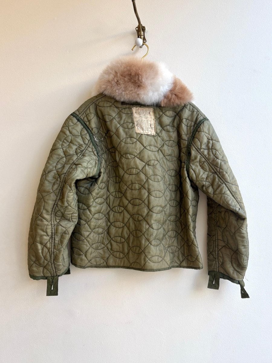 Light Olive Green Army Liner Quilted Coat w/ Caramel Swirl Alpaca Fur Collar (Reworked) - Made X Hudson