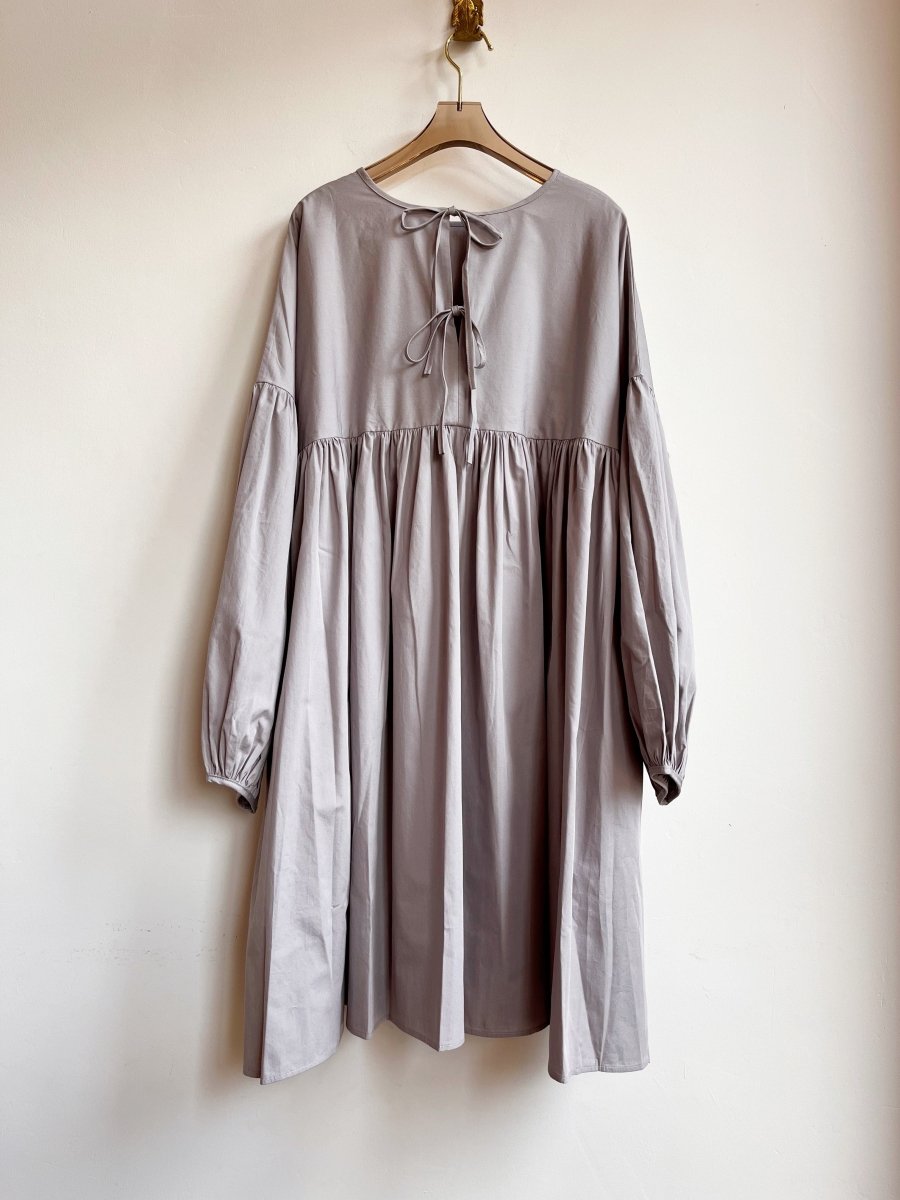 Grey Long Sleeve Cotton Phoebe Puff Sleeve Dress w/ Belt - Made X Hudson