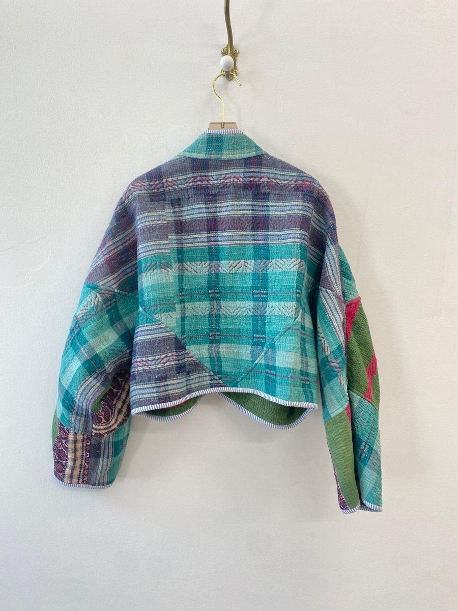 Reversible Kaira Quilted Cropped Jacket in Colors Green & Red Stripe w/ Turquoise Patchwork - Made X Hudson