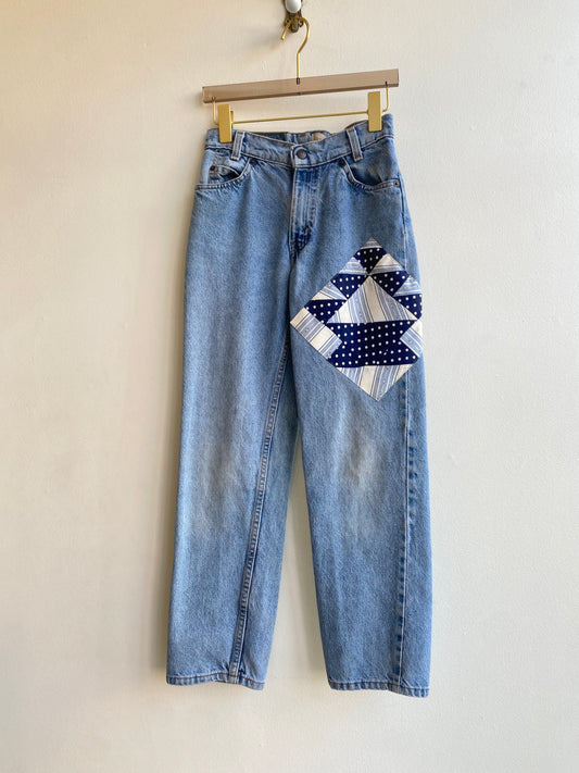 Vintage Light Wash Orange Tab Levi’s w/ Blue & White Polka Dot & Striped Quilted Patch (Reworked)