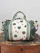 Mini Cross - Body Duffel Bag in Emerald Corduroy and Retro Strawberry Pattern w/ Sage Webbing - Made X Hudson