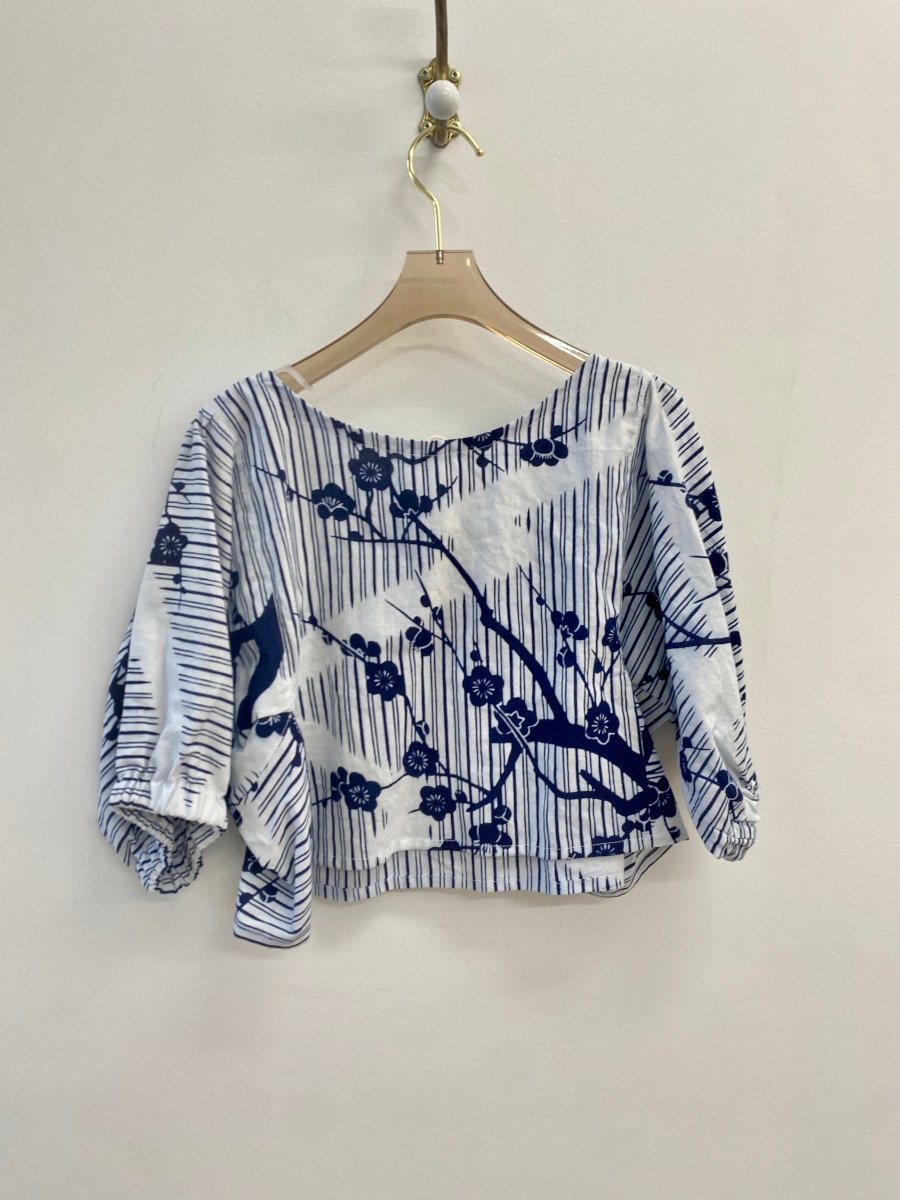 Blue & White Cherry Blossom Yukata Zero Waste Crop Top - Made X Hudson