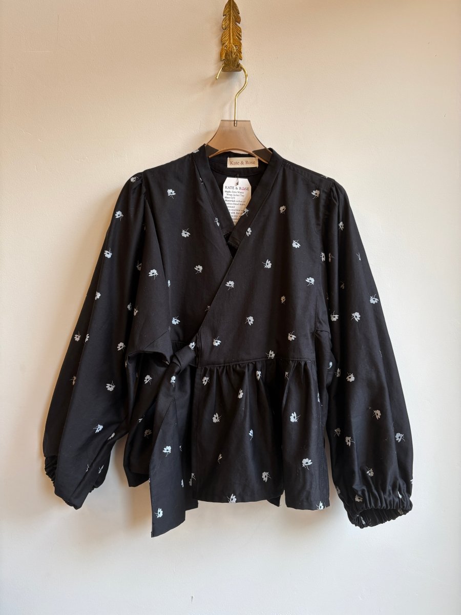 Black Zero Waste Front Wrap Top w/ White Daisy Print - Made X Hudson